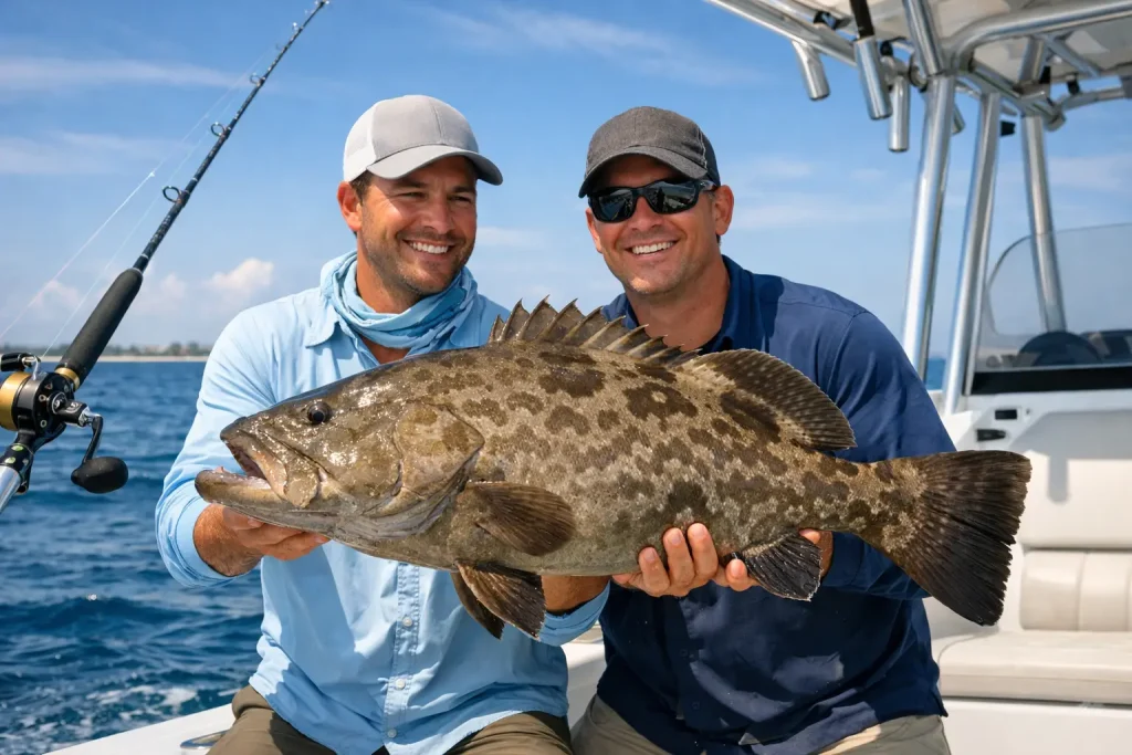 Two smiling men on a boat hold a large, spotted fish they caught during an exciting Naples FL Deep Sea Fishing trip. Both wear hats and sunglasses, with the ocean and blue sky in the background, perfectly capturing their memorable Naples Fishing Charter experience.