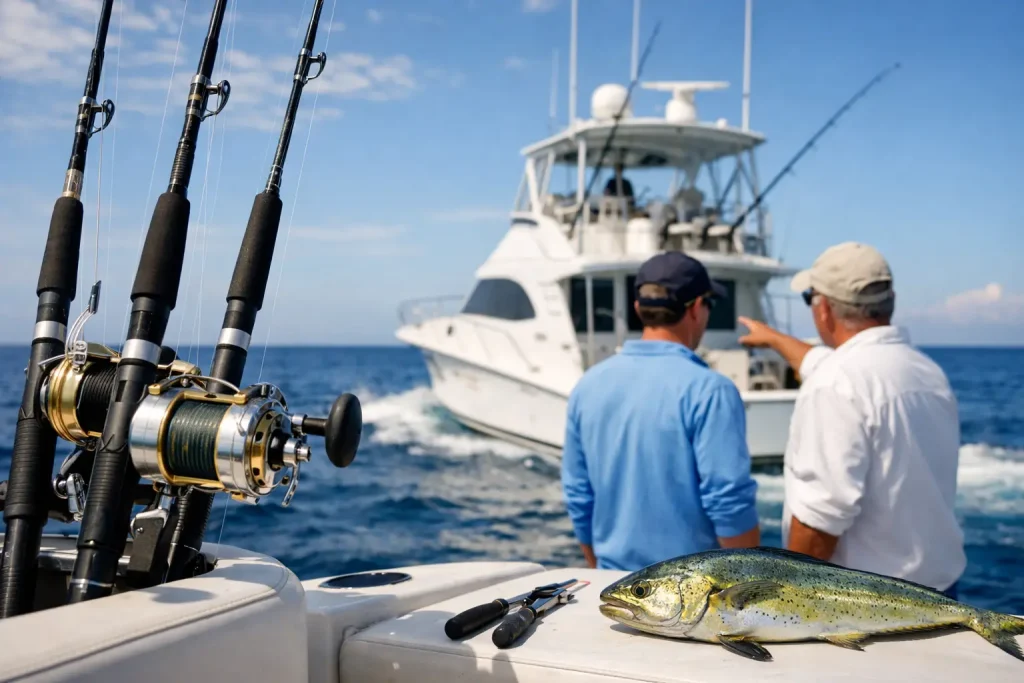 Two people on a fishing boat look toward another vessel on the ocean, enjoying their Naples FL Deep Sea Fishing adventure. Fishing rods, tools, and a fresh fish are in the foreground. The sky is mostly clear, making it an ideal day for a Naples Fishing Charter.