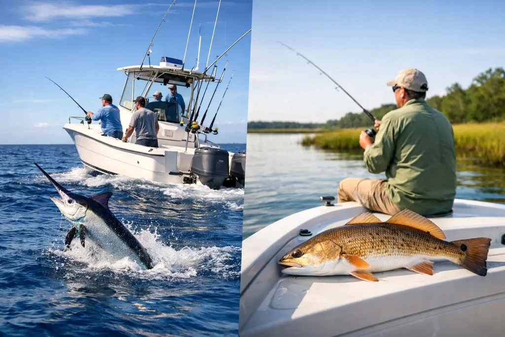 Split image: Left, three people fish on a boat as a marlin leaps from the water—a thrilling scene of Naples FL Deep Sea Fishing. Right, a person sits on a boat holding a fishing rod, with a large caught fish lying beside them, highlighting the excitement found on a Naples Fishing Charter.