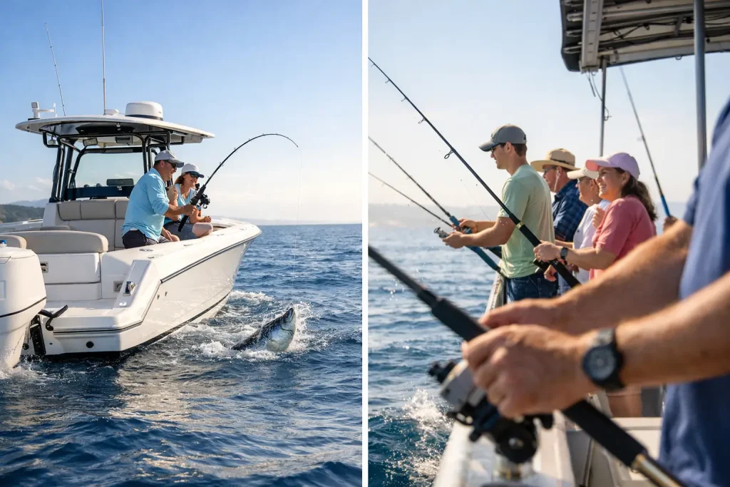 Two images: On the left, people on a Naples Fishing Charter reel in a large fish. On the right, four people stand side by side on a boat, holding fishing rods over the water and enjoying a sunny day of Naples FL Deep Sea Fishing.