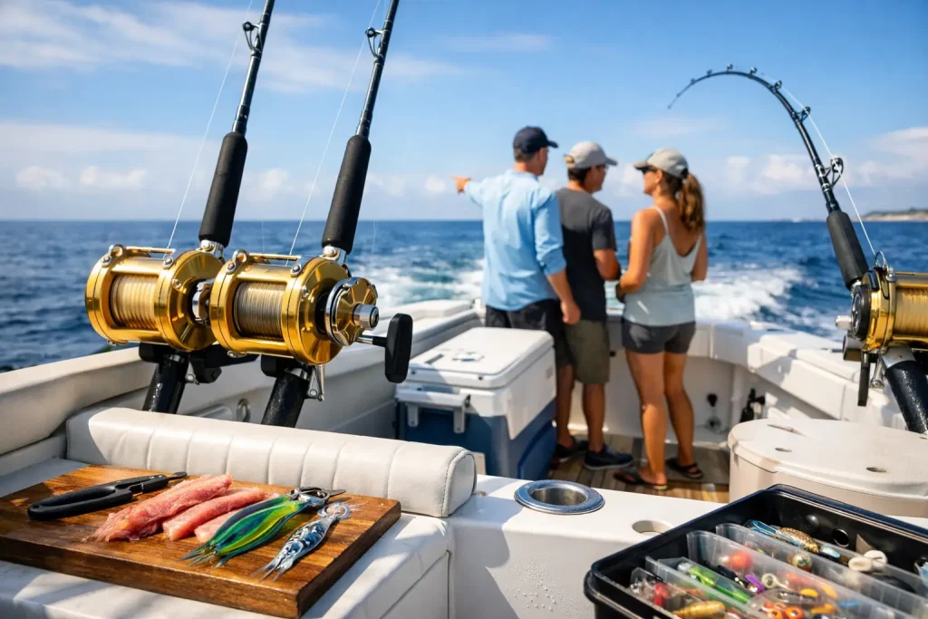 Three people stand on a boat, facing the ocean, while fishing gear, bait, and rods are set up around them under a bright blue sky—capturing the excitement of a Naples Fishing Charter in action.