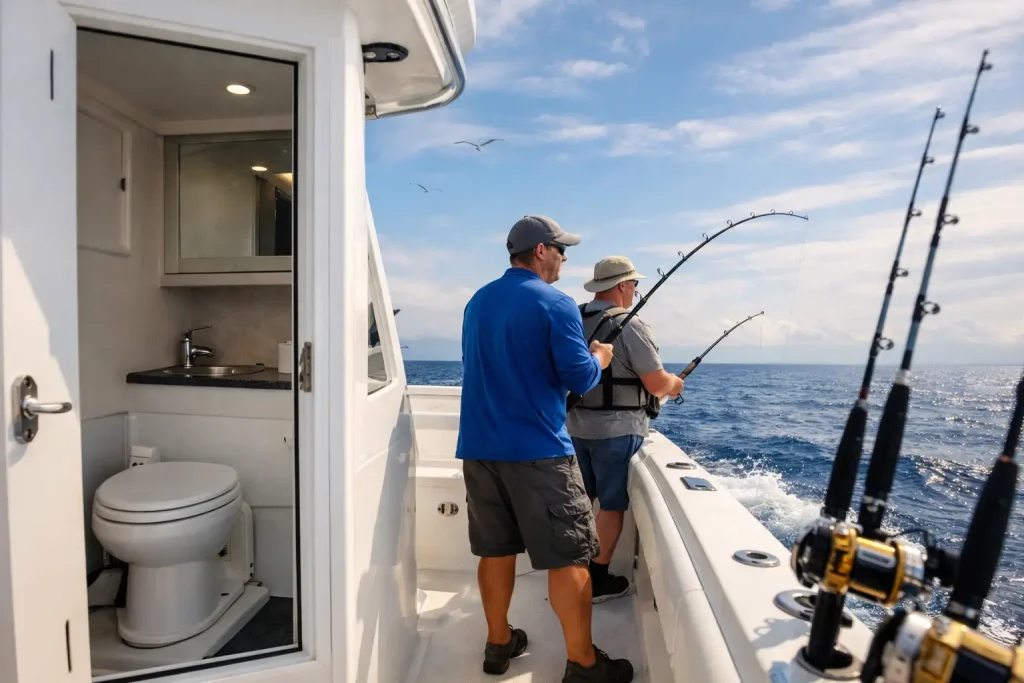 Two people are fishing on a boat in the ocean, holding fishing rods, during an exciting Naples FL Deep Sea Fishing adventure. The boat has a small bathroom with a toilet and sink visible. Fishing gear and a clear sky with a few clouds are in the background, making this Naples Fishing Charter experience both comfortable and memorable.