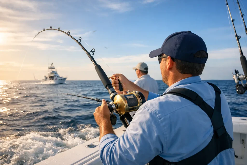 Two people on a boat are deep-sea fishing, with one holding a bent fishing rod, ocean waves around them, and another boat visible in the distance under a blue sky—an ideal scene for a Naples FL Deep Sea Fishing adventure or an unforgettable day with a Naples Fishing Charter.