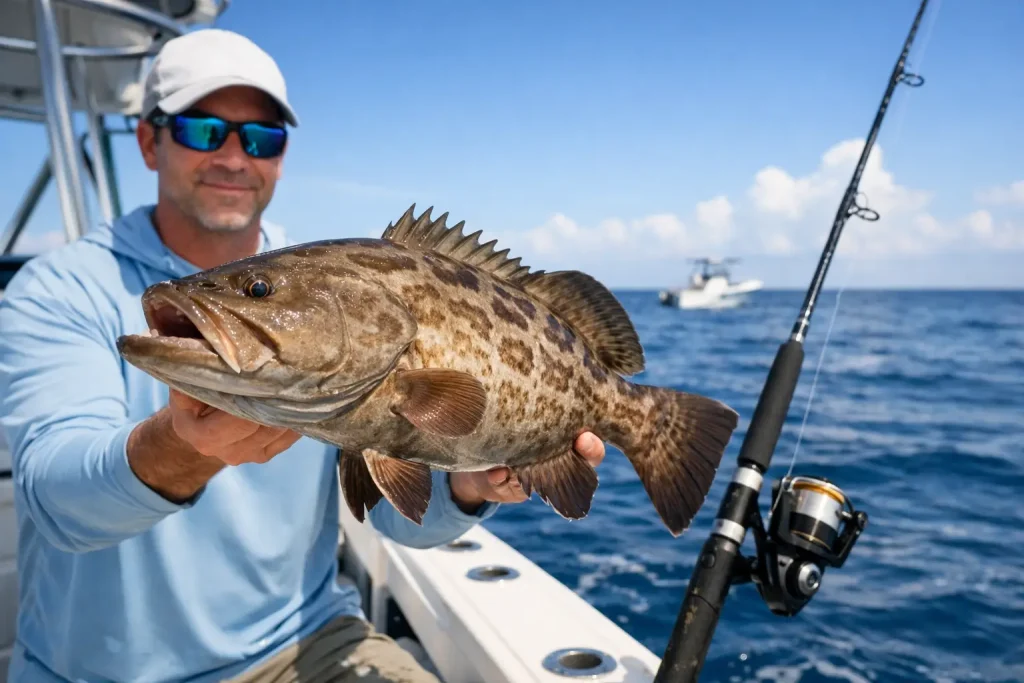 A man wearing sunglasses and a cap holds a large speckled fish on a boat, with a fishing rod nearby and another boat visible on the blue ocean under a clear sky—a classic scene from an unforgettable Naples FL Deep Sea Fishing adventure.
