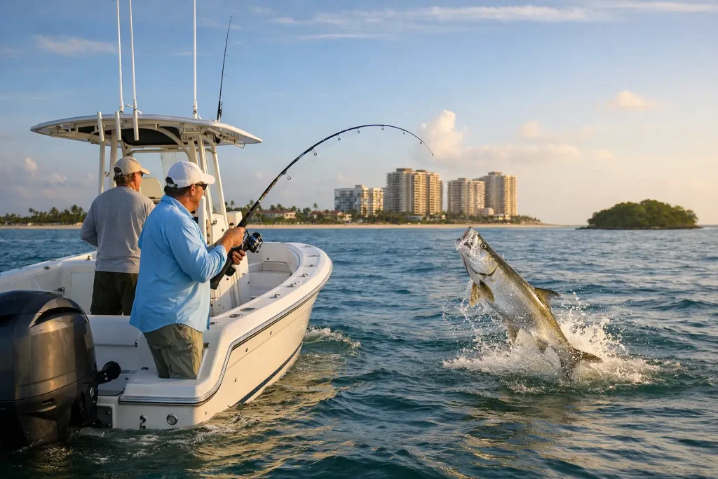Two people on a boat enjoying a Naples Fishing Charter each cast their lines into the water; one reels in a large fish that leaps out of the water. City buildings and a small island are visible in the background under a partly cloudy sky, capturing the thrill of Naples FL Deep Sea Fishing.