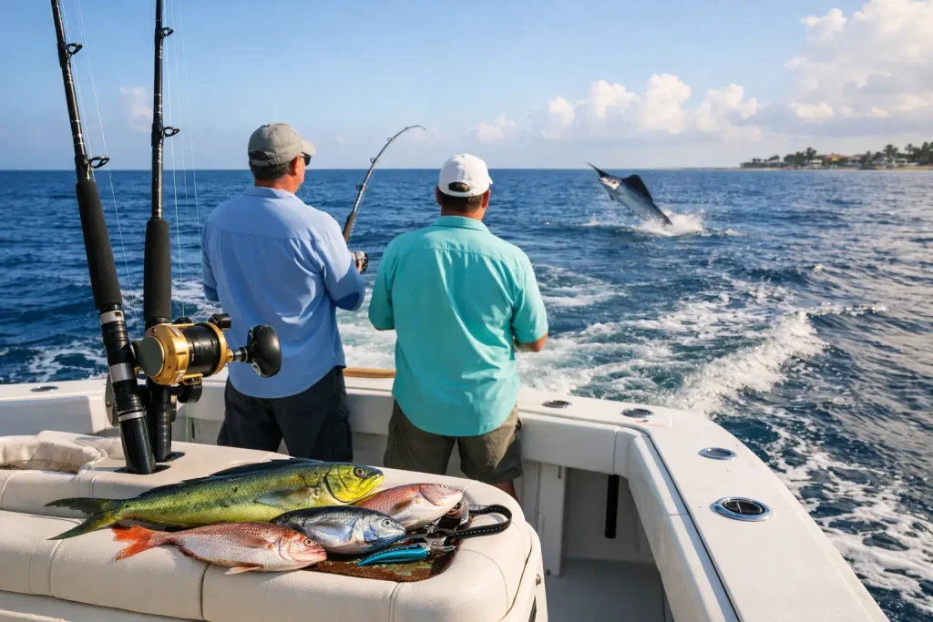 Two people are fishing on a boat with a Naples Fishing Charter; several fish and fishing gear rest nearby. One person is reeling in a large fish that is leaping out of the ocean, while the distant shoreline of Naples, FL, is visible under a blue sky. This scene captures the excitement and adventure of Naples FL Deep Sea Fishing at its finest.