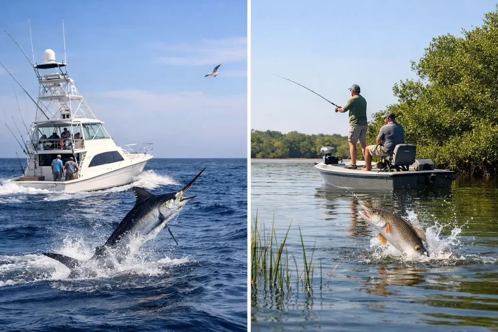 Split image: Left, anglers on a large Naples Fishing Charter catching a marlin leaping from the ocean. Right, two people on a small boat enjoying Naples FL Deep Sea Fishing as they catch a fish jumping from a calm freshwater lake near trees.
