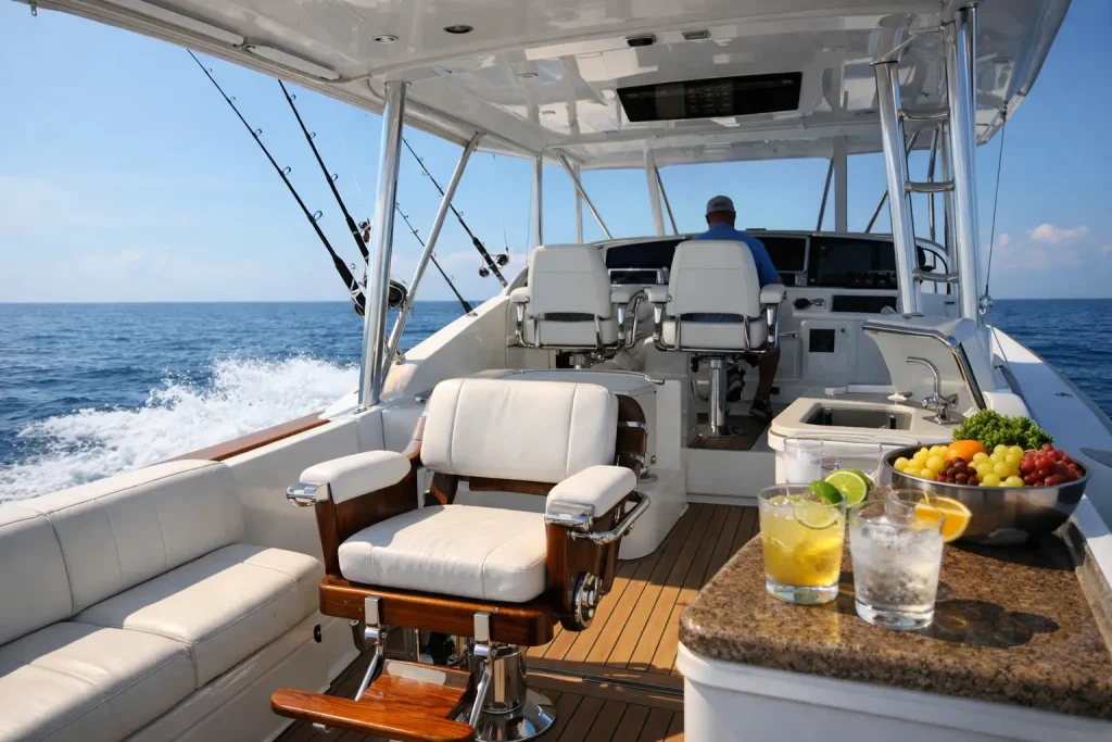 Luxurious boat interior with white leather seats, fishing rods, and a granite counter holding drinks and fruit—perfect for a Naples Fishing Charter adventure. A person pilots the boat on calm blue ocean water under a clear sky, showcasing the elegance and relaxation that Naples FL Deep Sea Fishing has to offer.