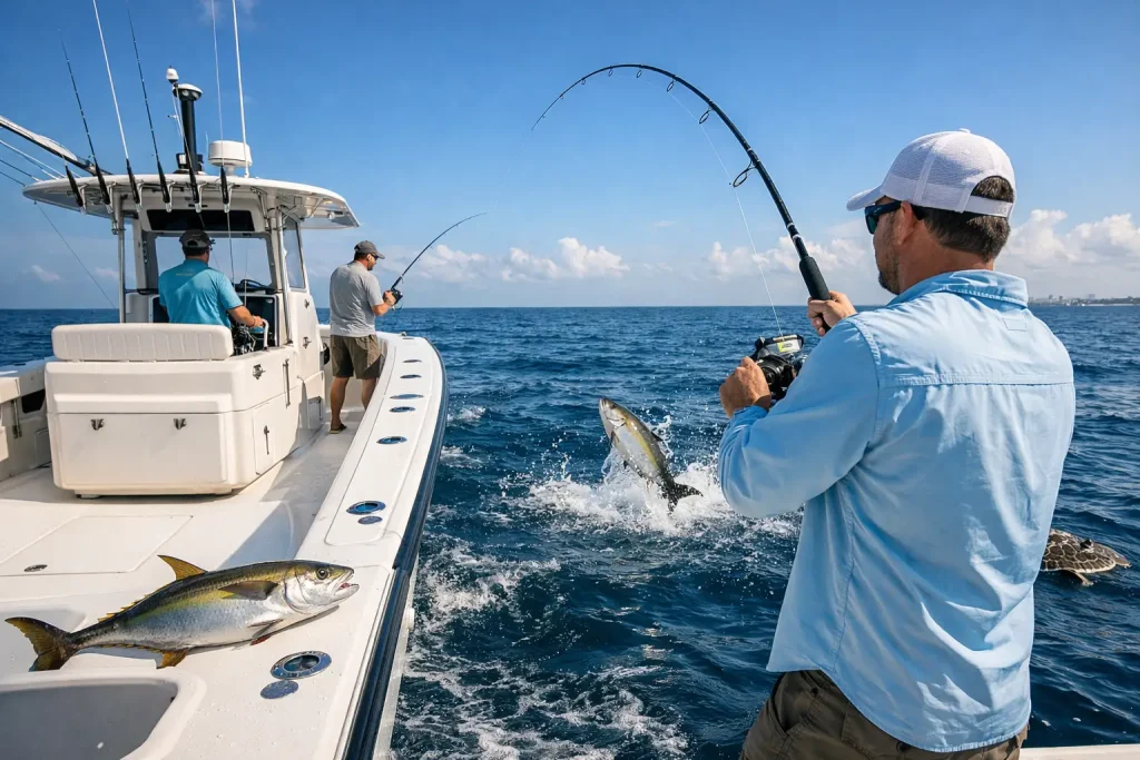 Three people fishing on a boat in the ocean with a Naples Fishing Charter; one man reels in a large fish jumping from the water, while another fish lies on the boat deck. The sky is clear and sunny, perfect for an unforgettable Naples FL Deep Sea Fishing adventure.