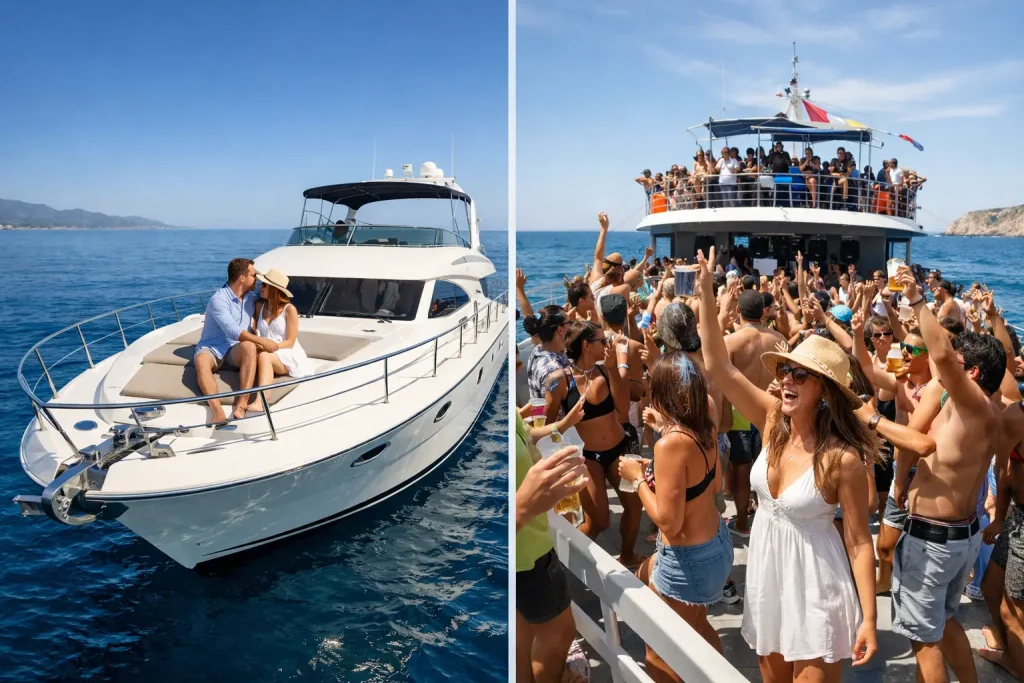 Split image: Left, a couple sits together on a private yacht at sea under a clear blue sky, perhaps after an exciting day with a Naples Fishing Charter. Right, a lively group of people dance and celebrate on a crowded party boat in the ocean—capturing the energy you might find after successful Naples FL Deep Sea Fishing adventure.