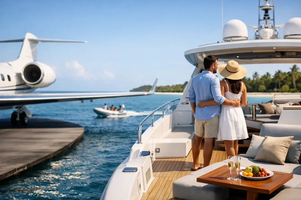 A couple embraces on a yacht, looking at a docked private jet nearby. The scene is sunny and luxurious, with clear blue water, fruit and drinks on a table, and a tropical coastline in the background—a perfect setting reminiscent of an unforgettable Naples Fishing Charter.