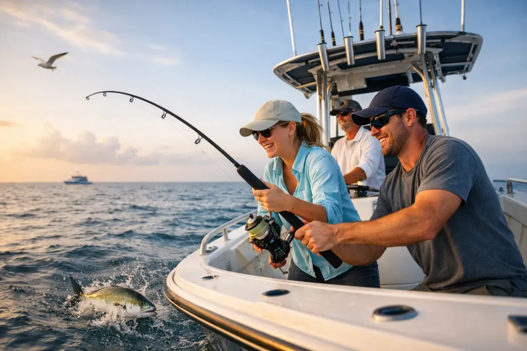 A woman reeling in a fish while two men cheer her on, all smiling aboard a Naples Fishing Charter at sea during sunset. A bird flies overhead and another boat is visible in the distance, making for an unforgettable Naples FL Deep Sea Fishing experience.