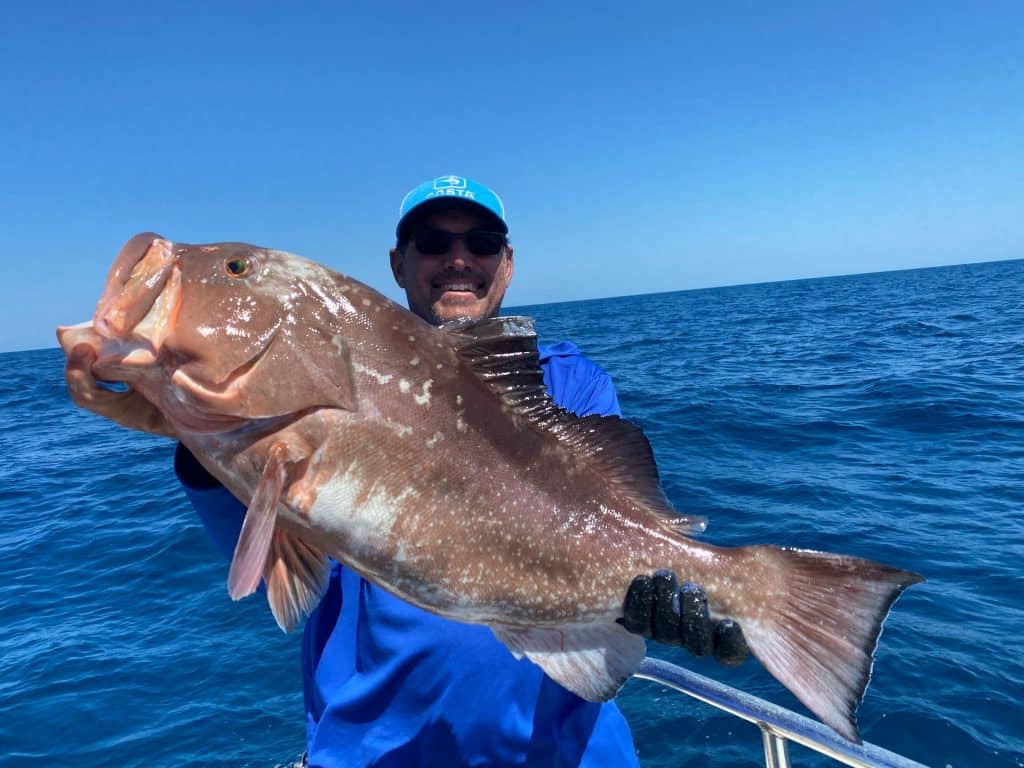 A person wearing sunglasses and a blue shirt proudly holds a large fish on a boat, enjoying an unforgettable Naples Fishing Charter with the ocean and clear blue sky in the background.