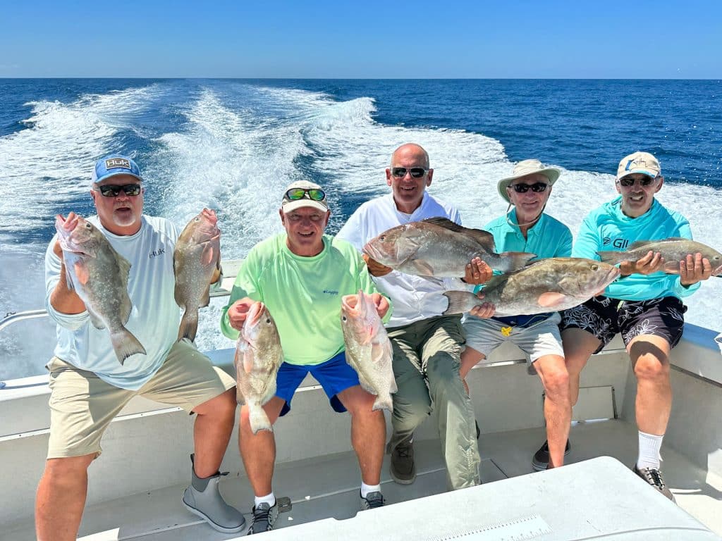 Five men sit on a boat holding large fish with the ocean and boat wake in the background. They are smiling and dressed in light clothing and hats, enjoying a sunny day of fishing on a Naples Fishing Charter.