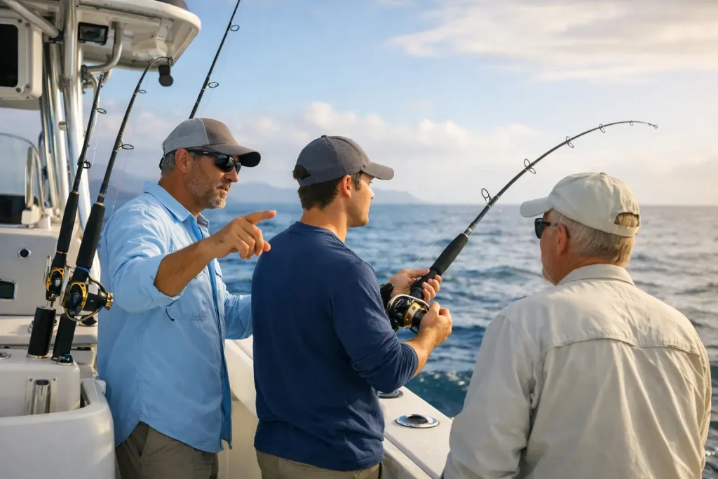 Three men on a boat are fishing at sea on a Naples Fishing Charter. One man points towards the water while another reels in a fishing rod, as the third man watches. They wear casual clothes, sunglasses, and hats. The sky is partly cloudy—a perfect day for Naples FL Deep Sea Fishing.